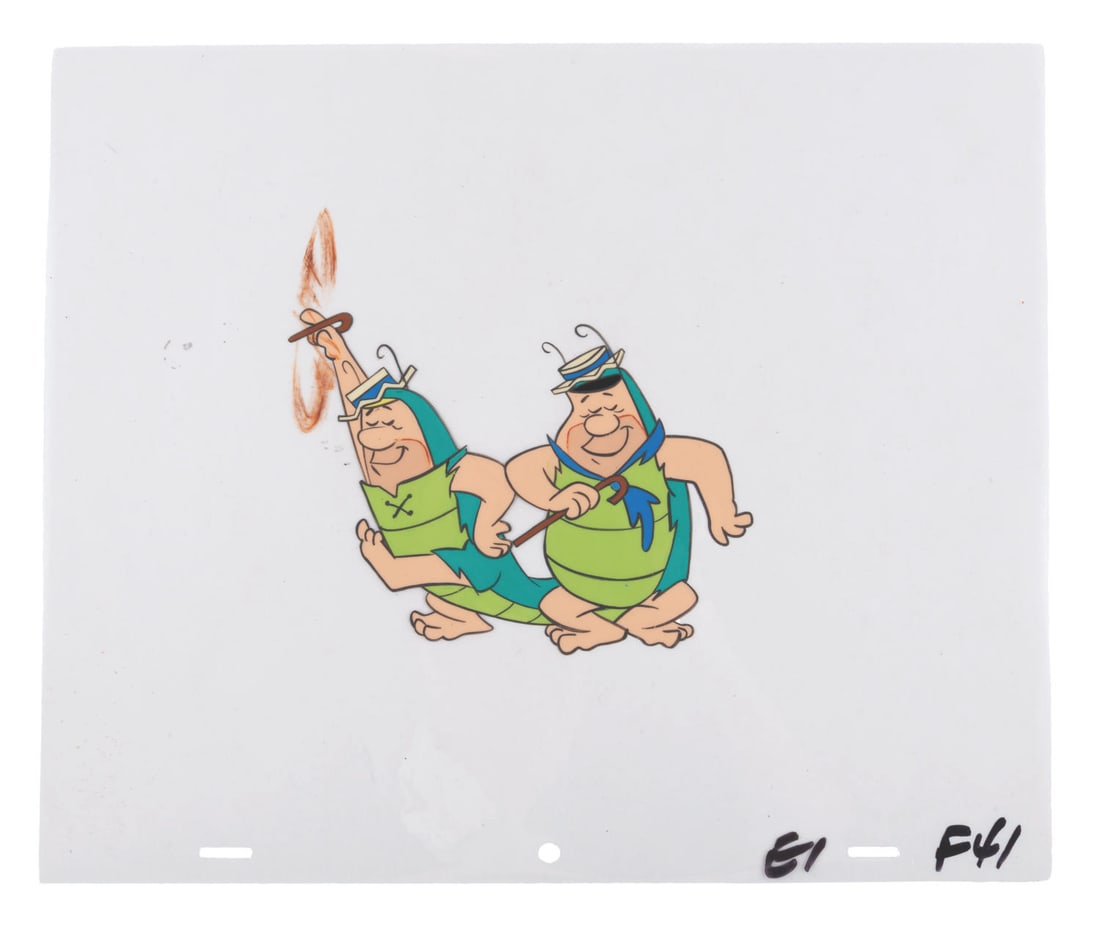 A Hanna-Barbera "Alice in Wonderland" Production Cel.: (Hanna-Barbera, 1966) An original production cel of Fred Flintstone and Barney Rubble as the Caterpillar from the ABC television special "Alice in Wonderland or What's a Nice Kid Like You Doing in a P