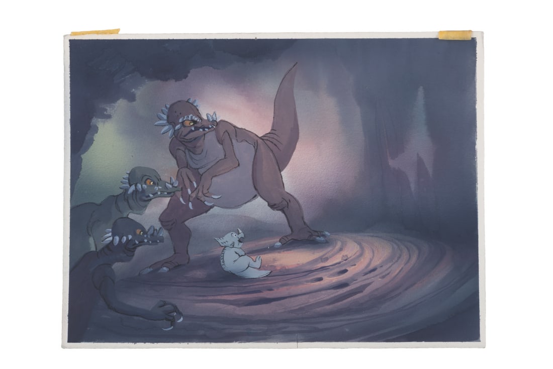 A "The Land Before Time" Color Key Concept Painting.: (Universal, 1988) An original color key concept painting featuring Cera and two Domeheads from the Don Bluth Studios film "The Land Before Time." Color keys are preliminary paintings created to establ