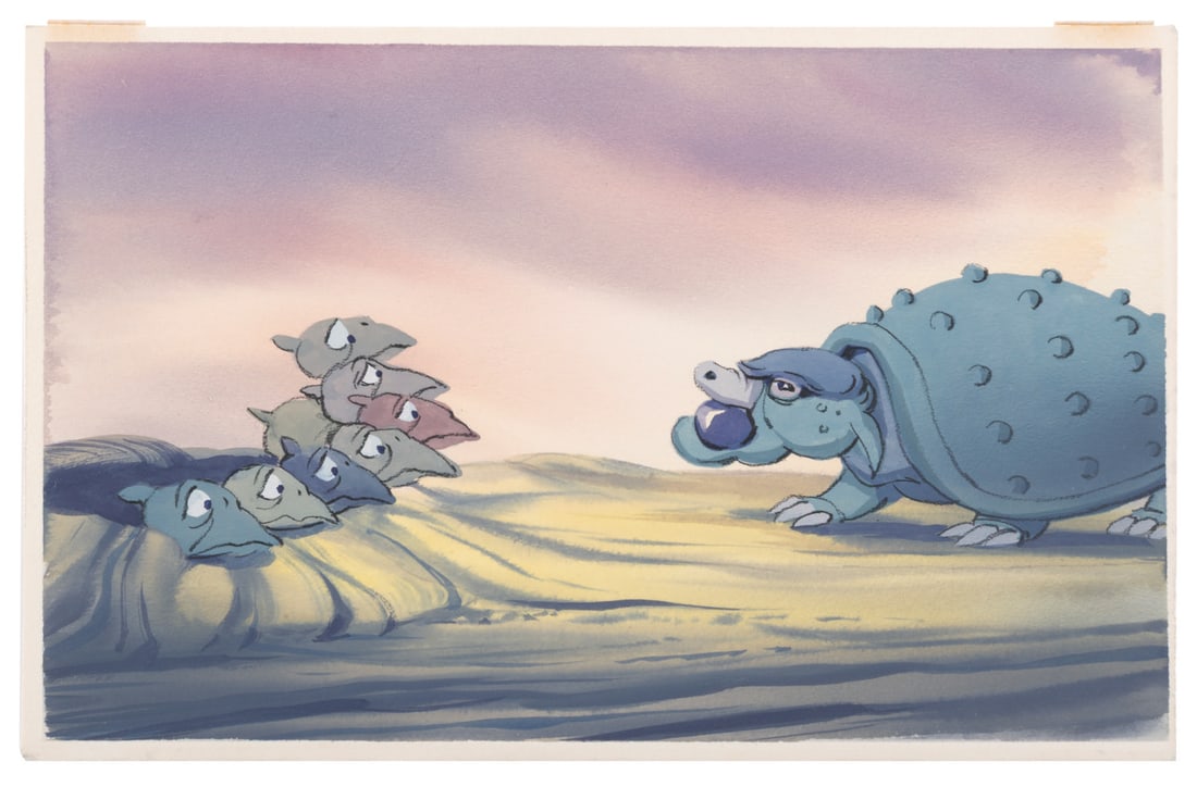 A "The Land Before Time" Color Key Concept Painting.: (Universal, 1988) An original color key concept painting of the baby flyer cherry chase scene from the Don Bluth Studios film "The Land Before Time." Color keys are preliminary paintings created to es