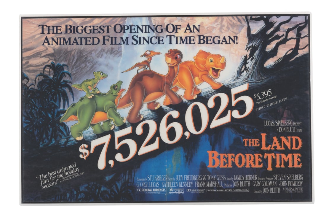 A "The Land Before Time" Magazine Ad Spread.: (Universal, 1988) A two-page magazine spread celebrating the record-breaking opening of Don Bluth's "The Land Before Time." Produced by George Lucas and Steven Spielberg, the animated dinosaur film ha