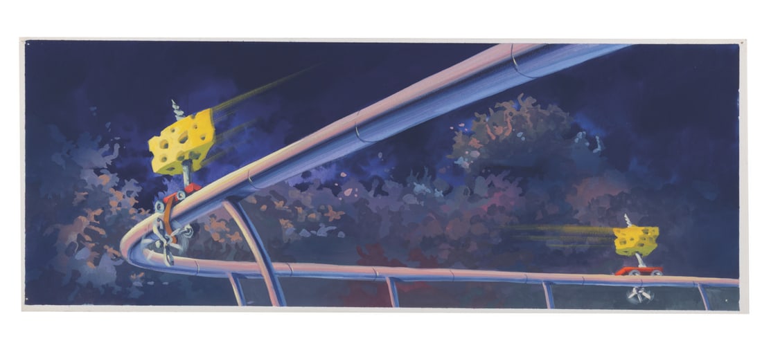 An "All Dogs Go to Heaven" Color Key Concept Painting.: (MGM/United Artists, 1989) An original color key concept painting of cheese zooming around the track during the rat race from the Don Bluth Studios film "All Dogs Go to Heaven." Color keys are prelimi