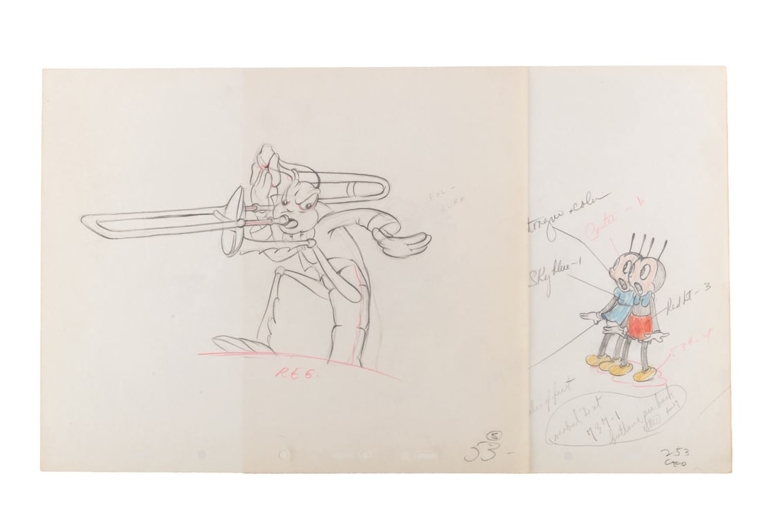 A Pair of "Woodland Cafe" Production Drawings.: (Disney, 1937) An original production drawing of a trombone-holding grasshopper and a color model drawing of two bugs from the Silly Symphonies cartoon "Woodland Cafe." With image sizes ranging from 2