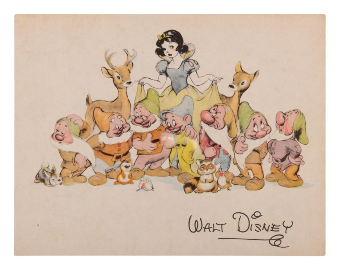 A "Snow White and the Seven Dwarfs" Fan Card.: (Disney, 1930s-40s) A Studio fan card for "Snow White and the Seven Dwarfs," featuring a facsimile Walt Disney signature. Cards like this one were mailed to fans who requested them. Measuring 7.25" x