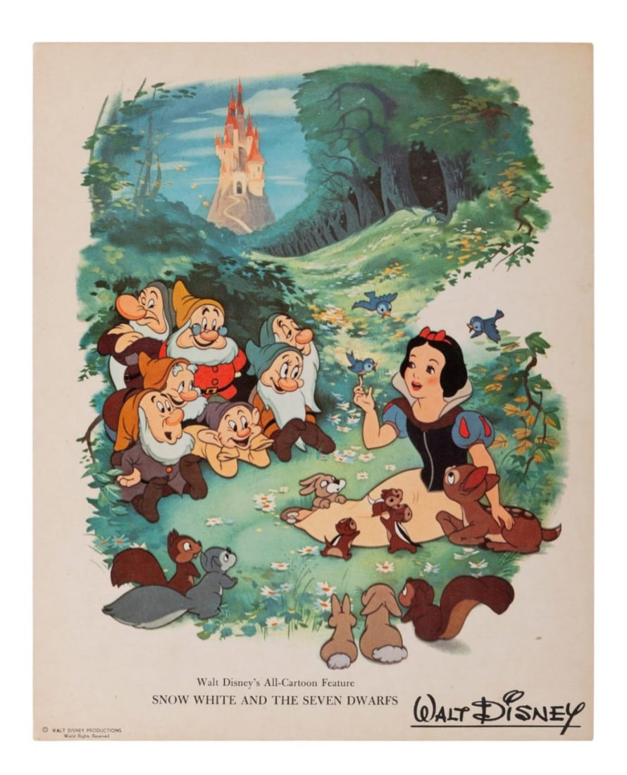 A "Snow White and the Seven Dwarfs" Fan Card.: (Disney, 1940s-50s) A fan card featuring "Snow White and the Seven Dwarfs." Cards like this one were mailed to fans who wrote to the Studio. Measuring 8" x 10", the card is in very good condition with