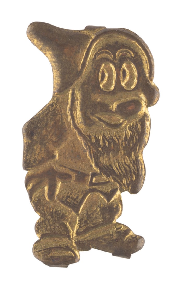 A "Snow White and the Dwarfs" Bashful Metal Rivet.: (Disney, 1930s-50s) A gold-toned metal rivet/stud of Bashful from "Snow White and the Seven Dwarfs." The stud has three sharp metal barbs on the reverse for mounting to materials such as leather or