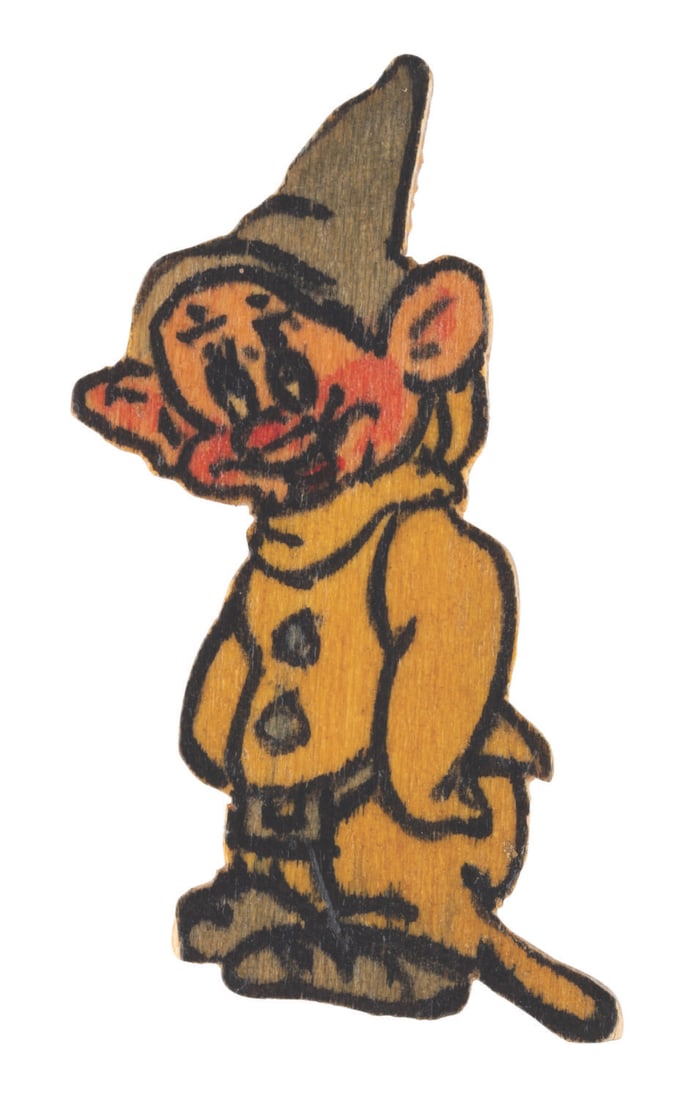 A Wooden "Snow White and the Seven Dwarfs" Dopey Pin.: (Disney, 1950s-70s) A hand-painted wooden pin of Dopey from "Snow White and the Seven Dwarfs." Measuring 2.25" tall, Dopey is in good condition with light discoloration and wear from age.