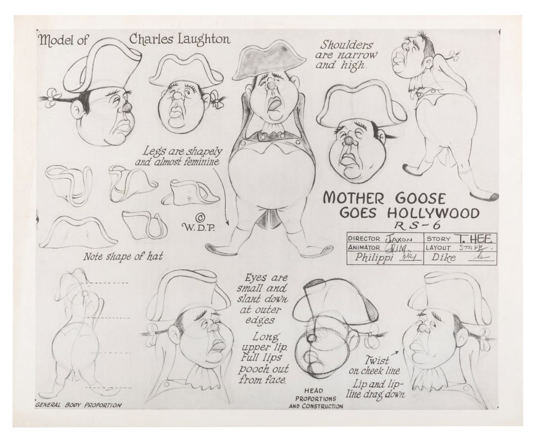 A "Mother Goose Goes Hollywood" Charles Laughton Model Sheet.: (Disney, 1938) A photostat model sheet of Charles Laughton from the classic Silly Symphonies short "Mother Goose Goes Hollywood." Model sheets such as this were distributed to animators and crew worki