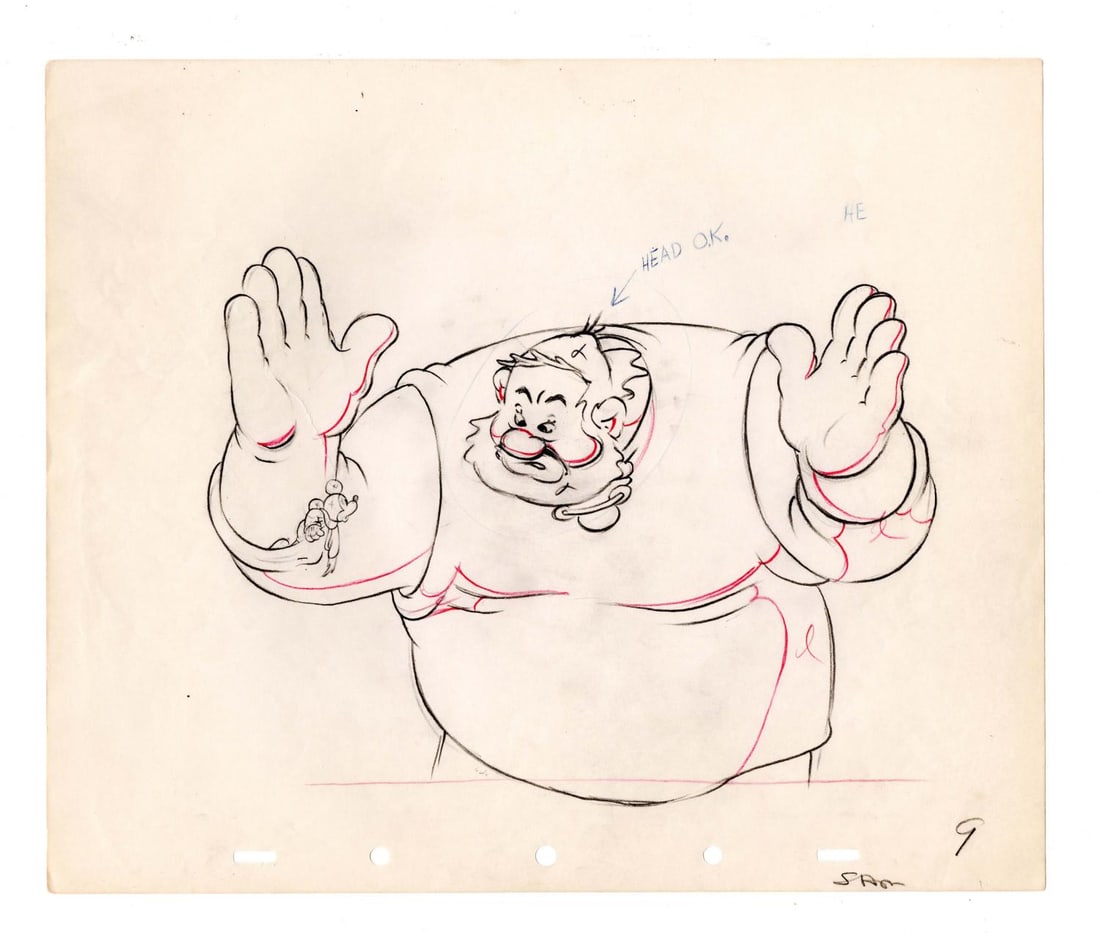 A "The Brave Little Tailor" Production Drawing.: (Disney, 1938) An original production drawing of the Giant from the Mickey Mouse short "The Brave Little Tailor," discovering Mickey in his sleeve. With a character image size of 7" x 8.5" on 10" x 12