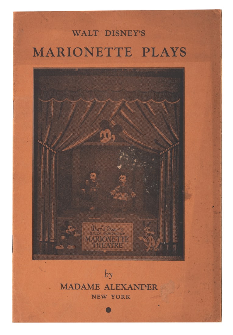 A Walt Disney's Marionette Plays Book.: (Madame Alexander, 1938) A Walt Disney's Marionette Plays book, containing short scripts for "Snow White and the Seven Dwarfs," "Mickey's Mix-Up," and "Donald's Disaster." This book was included with 