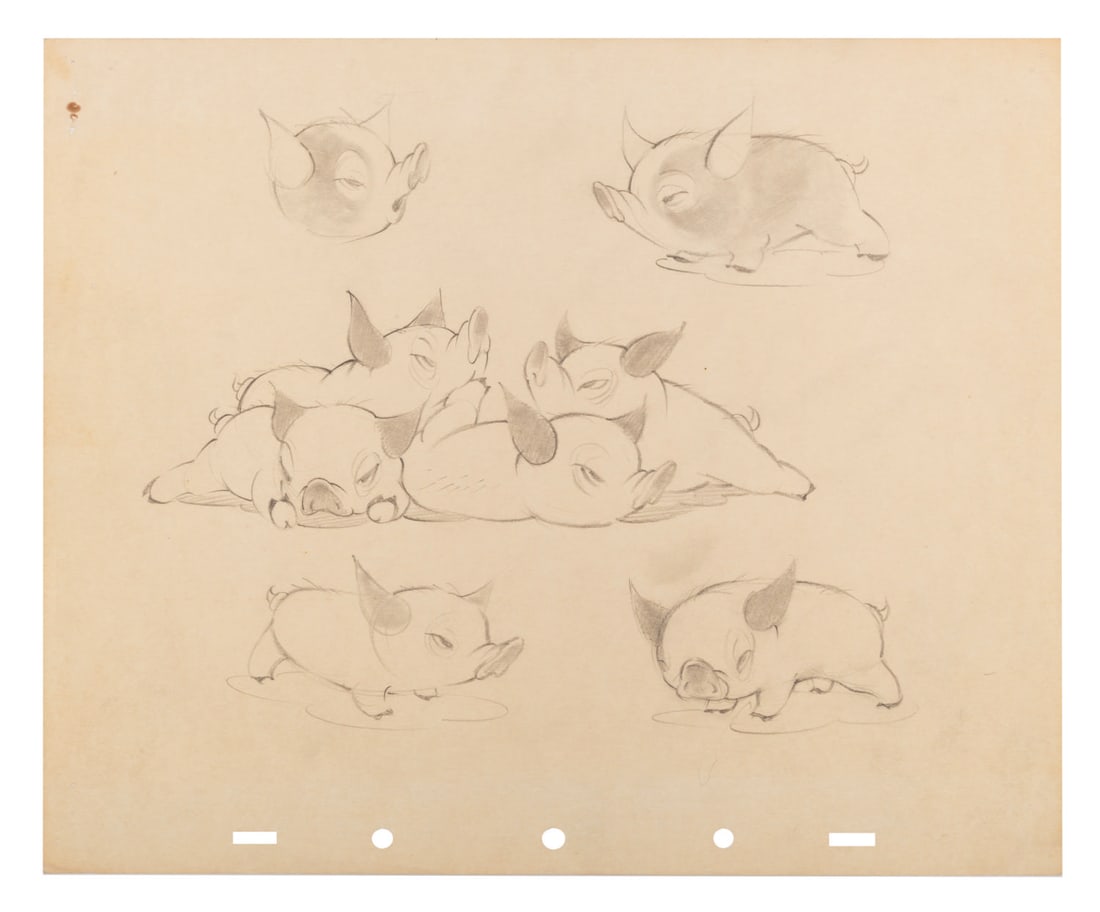 A "Farmyard Symphony" Piglets Original Model Drawing.: (Disney, 1938) A hand-drawn original model drawing of piglets for the Silly Symphony short "Farmyard Symphony." With an image size of 7.5" x 9" on 10" x 12" animation paper, the graphite drawing is