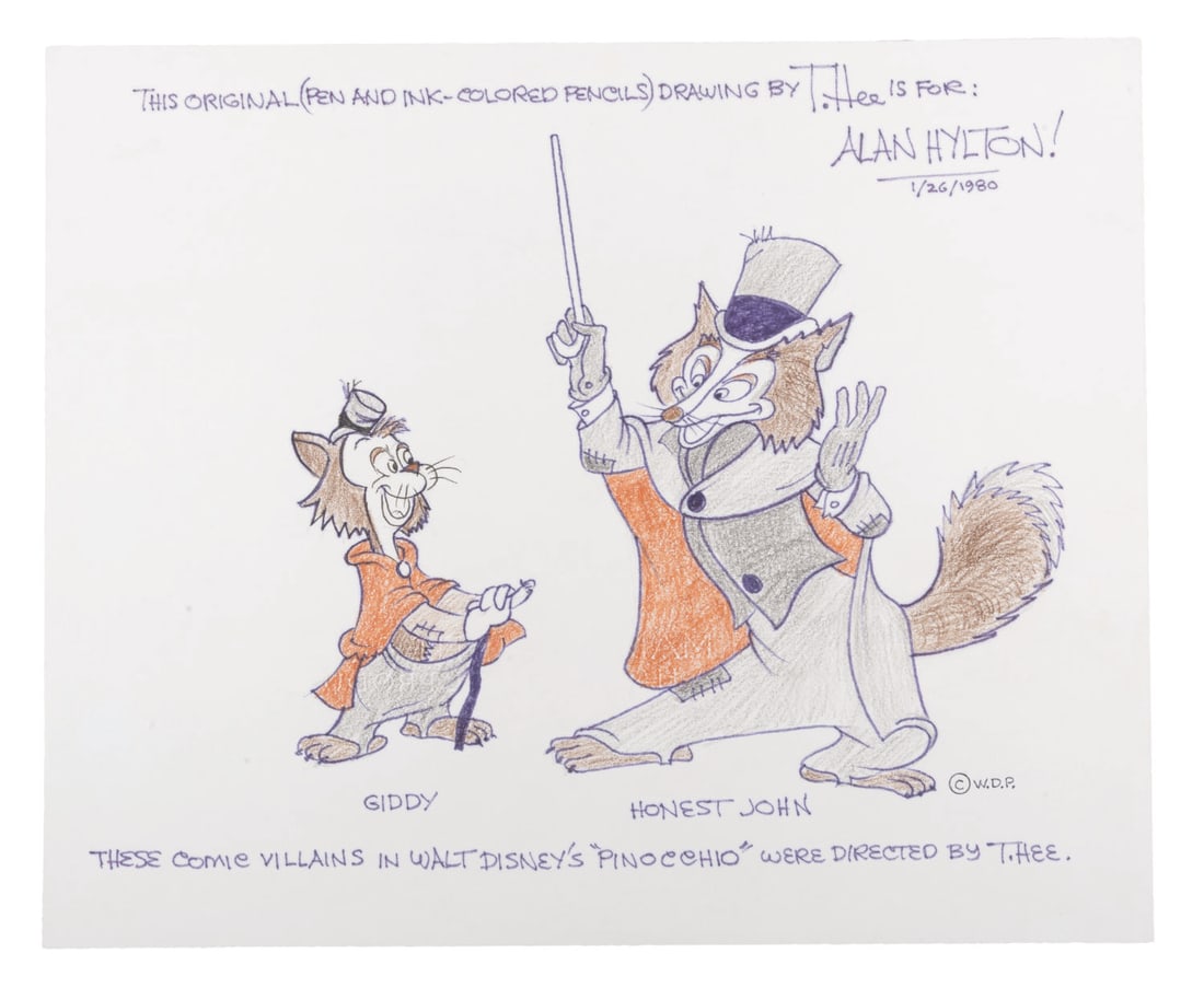 A T. Hee Drawing of "Pinocchio"' Villains Honest John & Gideon.: (T. Hee, 1980) An original drawing of Gideon and Honest John by animator T. Hee, who directed their sequence in "Pinocchio." The art includes a personalized dedication. With an image size of 7.25" x 8