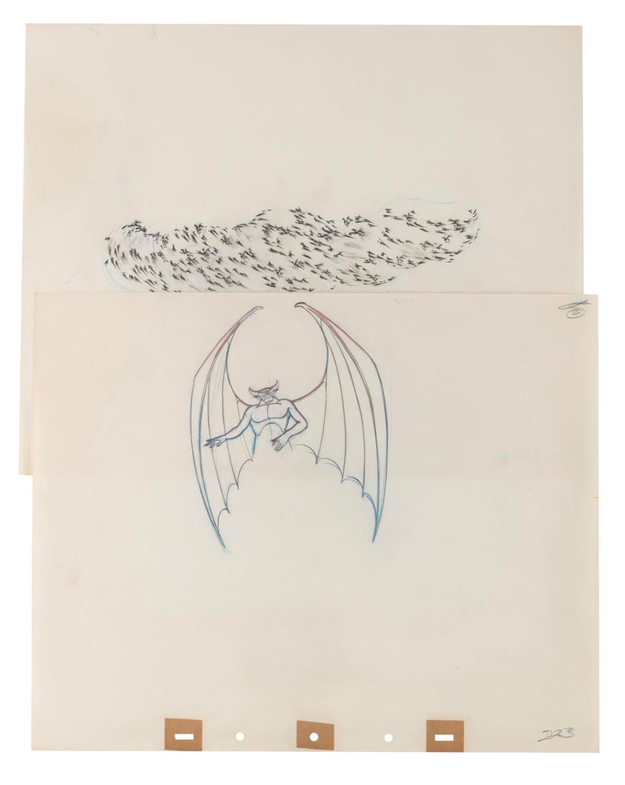 A Pair of "Fantasia" Night on Bald Mountain Production Drawings.: (Disney, 1940) A pair of frame-matching original production drawings of Chernabog and demons from the Night on Bald Mountain sequence of "Fantasia." The drawings are accomplished in graphite and blue 
