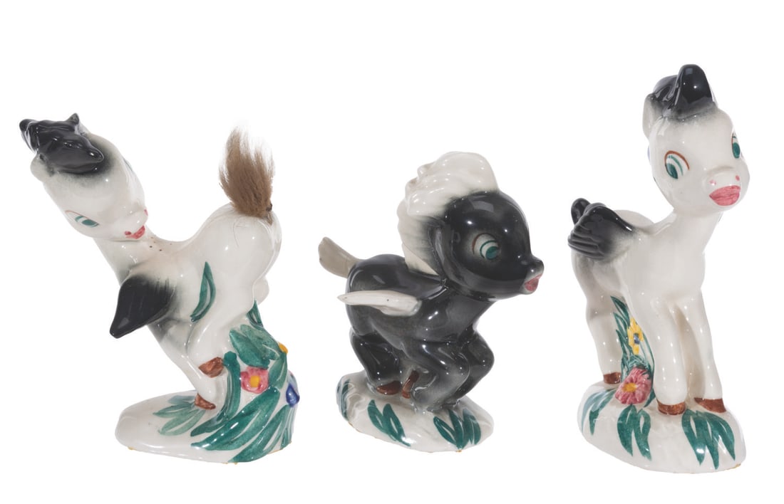 A Collection of Vernon Kilns "Fantasia" Pegasus Figurines.: (Vernon Kilns, 1940) Three very rare painted glazed ceramic Pegasus figurines inspired by the Pastoral Symphony sequence of "Fantasia." Ranging in size from 3" x 4" x 5" tall to 4" x 2.25" x 6.25"