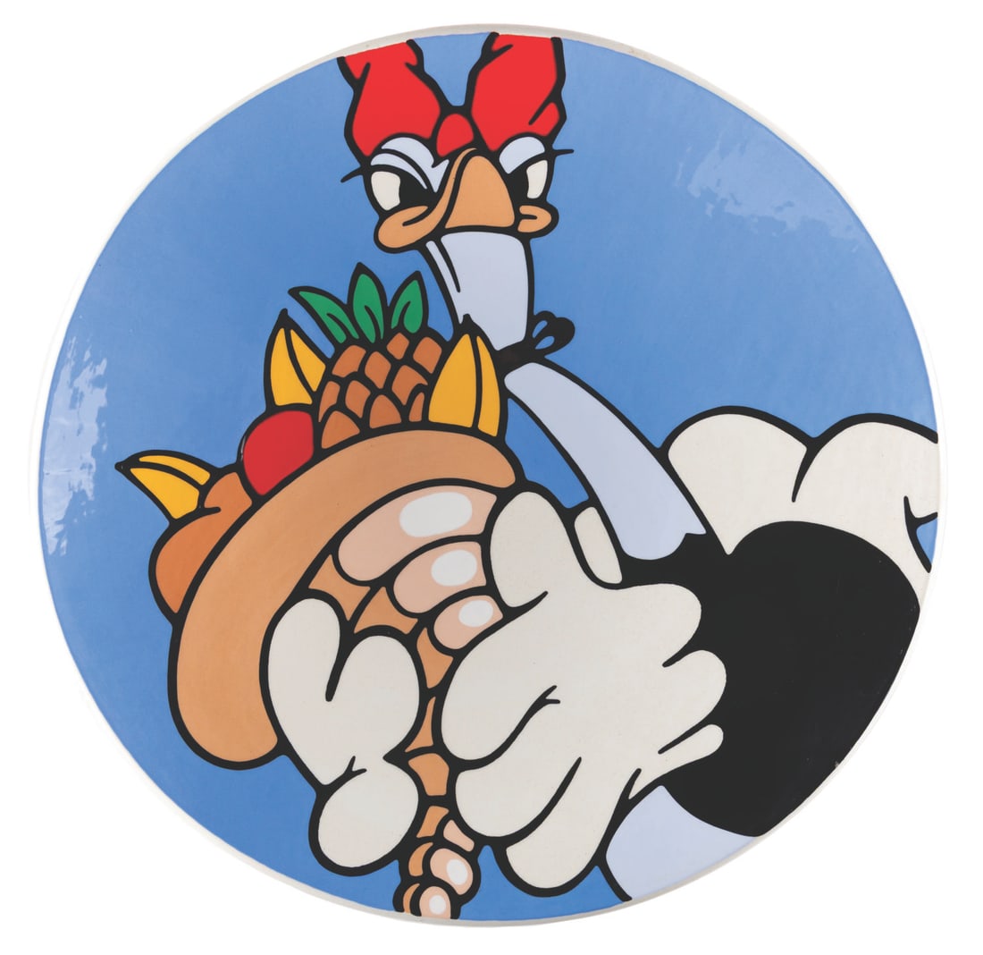A "Fantasia" Madame Upanova Charger Plate.: (Disney, 1990) A decorative charger plate of ostrich ballerina Madame Upanova from the Dance of the Hours sequence of "Fantasia." The plate was designed by artist Brenda White, signed and