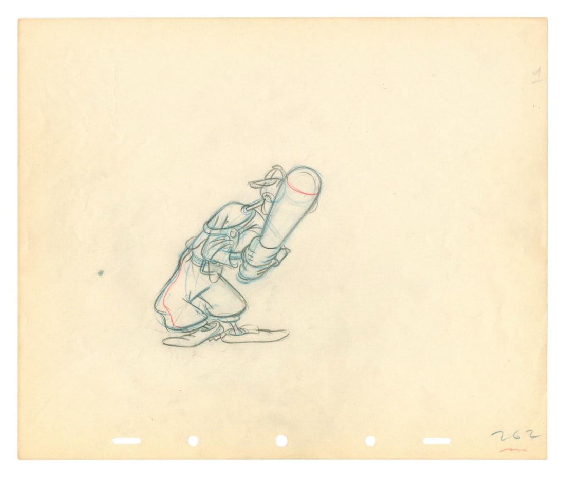 A Goofy "How To Play Baseball" Production Drawing.: (Disney, 1942) A graphite and color pencil production drawing of Goofy from the short "How to Play Baseball." With a character image size of 4" x 4" on 10" x 12" animation paper, the drawing is in ver