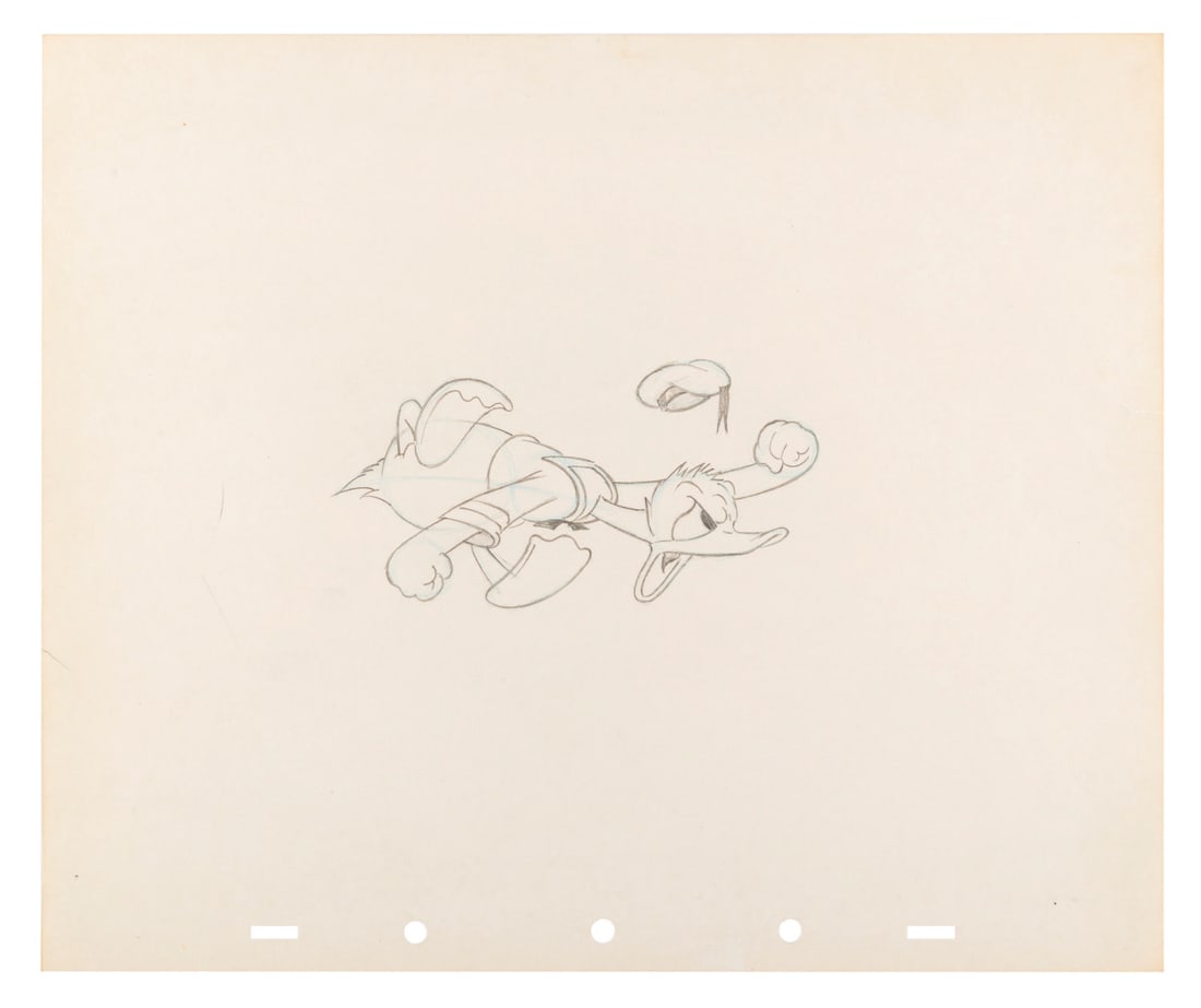 A Donald Duck Animation Production Drawing.: (Disney, 1940s) An original production drawing of an angry Donald Duck from an unknown cartoon. With an image size of 5.25" x 2.5" on 10" x 12" animation paper, the graphite and color pencil drawing i