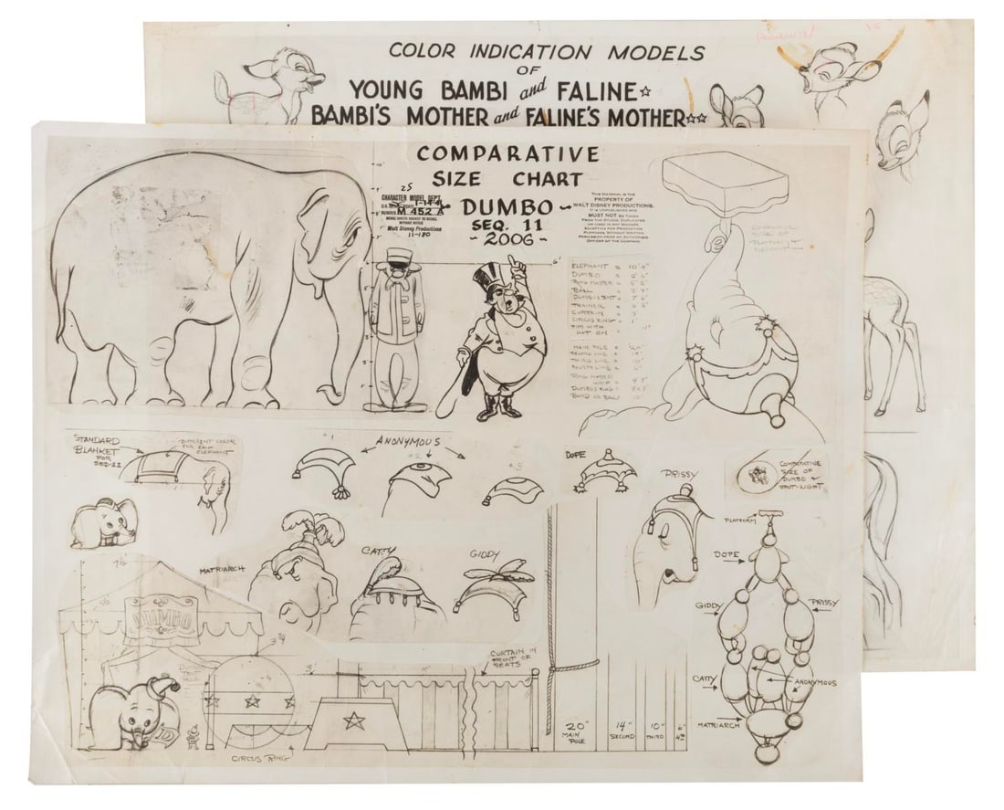 A "Bambi" Color Indication Model Sheet.: (Disney, 1942) A Studio-produced photostat color indication model sheet for Walt Disney's "Bambi." Model sheets like this were distributed to animators on a film to ensure everyone drew the character