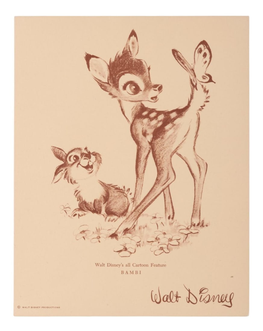 A "Bambi" Fan Card.: (Disney, 1950s) A "Bambi" fan card. Cards like this were mailed to fans who wrote to the Walt Disney Studios. Measuring 7.25" x 9.25", the card is in fine condition.