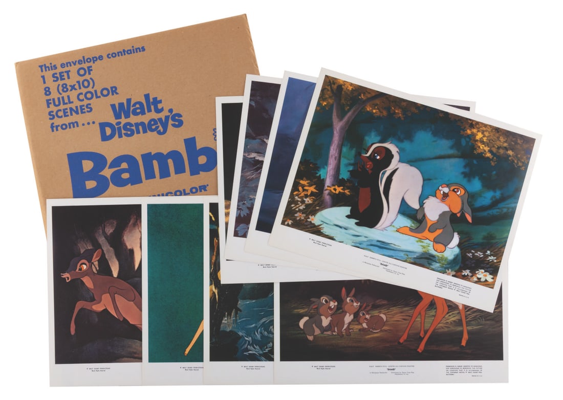 A Set of "Bambi" 1975 Re-Release Lobby Cards.: (Disney, 1975) A complete set of lobby cards from the 1975 theatrical re-release of "Bambi" with the original envelope. Measuring 8" x 10", the cards are in very good condition with light edge wear,