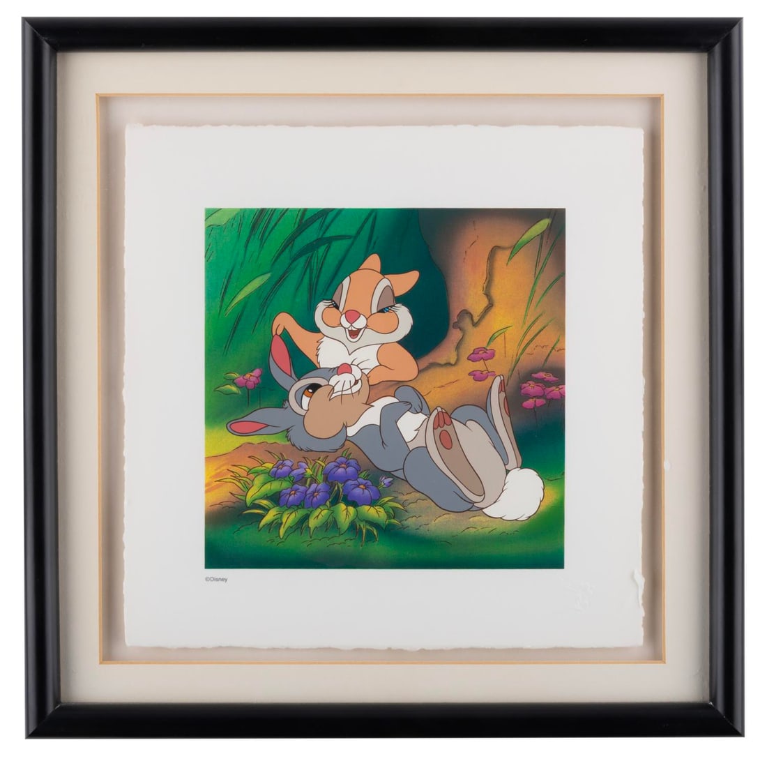 A "Bambi" Thumper and Miss Bunny Serigraph.: (Disney, 1998) A serigraph of Thumper and Miss Bunny from "Bambi," produced on rag paper with a hand-torn edge. With an image size of 7" x 7" in a 14" x 14" framed matte, the serigraph is in very