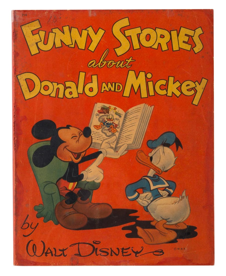 A Funny Stories About Donald and Mickey Book.: (Whitman, 1945) A Funny Stories About Donald and Mickey book by Walt Disney. Measuring 8.5" x 11", the book is in fair condition with heavy water damage, tape, tape residue, creases, stains, tears,