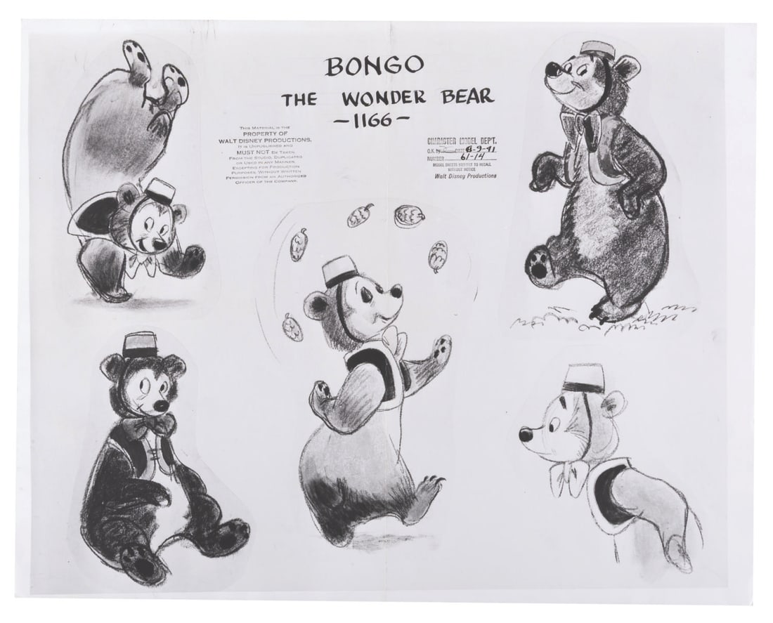 A "Fun and Fancy Free" Bongo the Bear Photostat Model Sheet.: (Disney, 1947) An original photostat model sheet of Bongo the Bear from the Walt Disney Studios package film "Fun and Fancy Free." Model sheets like this were distributed to animators on a film to