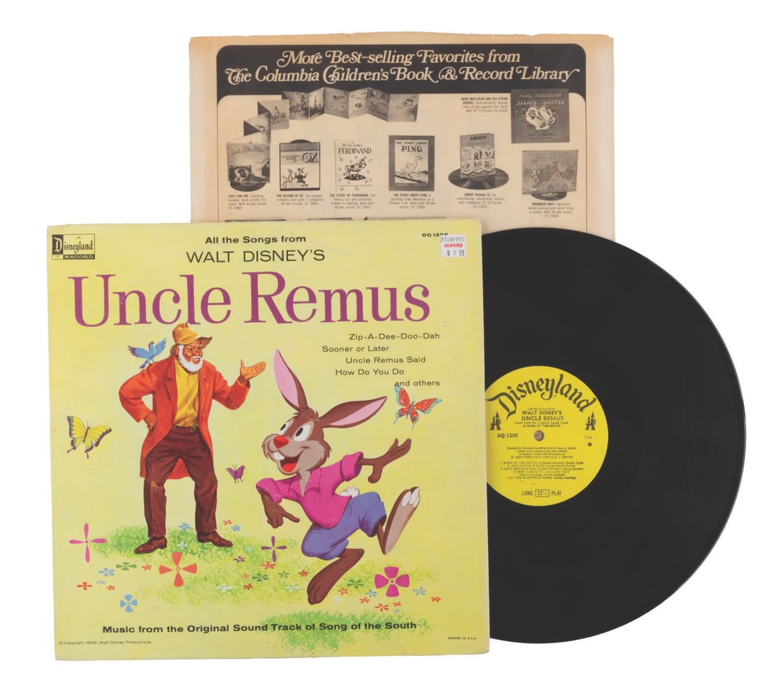 A Walt Disney's Uncle Remus Record.: (Disneyland Records, 1963) A rare Walt Disney's Uncle Remus 33 ? LP record and sleeve. Measuring 12.5" x 12.5", the record is in good condition with light scratches, scuffs and surface dust from use
