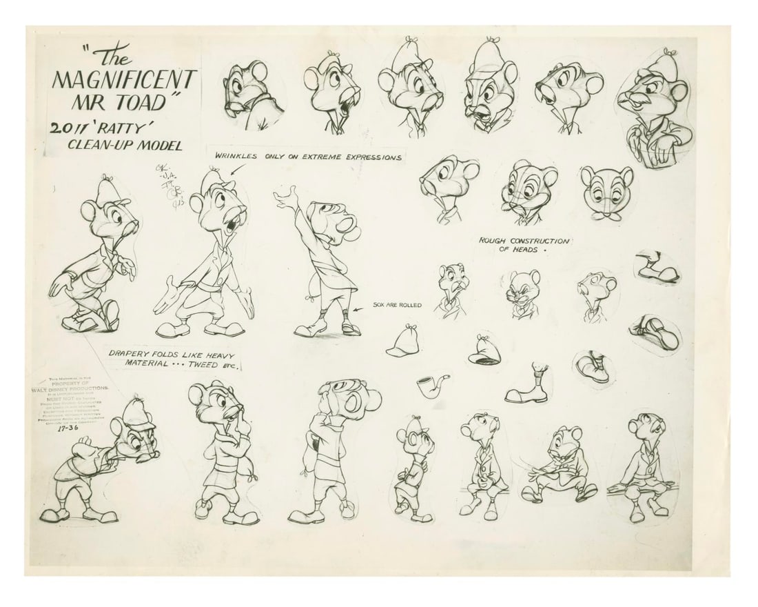 A "The Wind in the Willows" Ratty Model Sheet.: (Disney, 1949) A photostat model sheet of Ratty the Water Rat from "The Wind in the Willows" segment of "The Adventures of Ichabod and Mr. Toad." Model sheets such as these were distributed to
