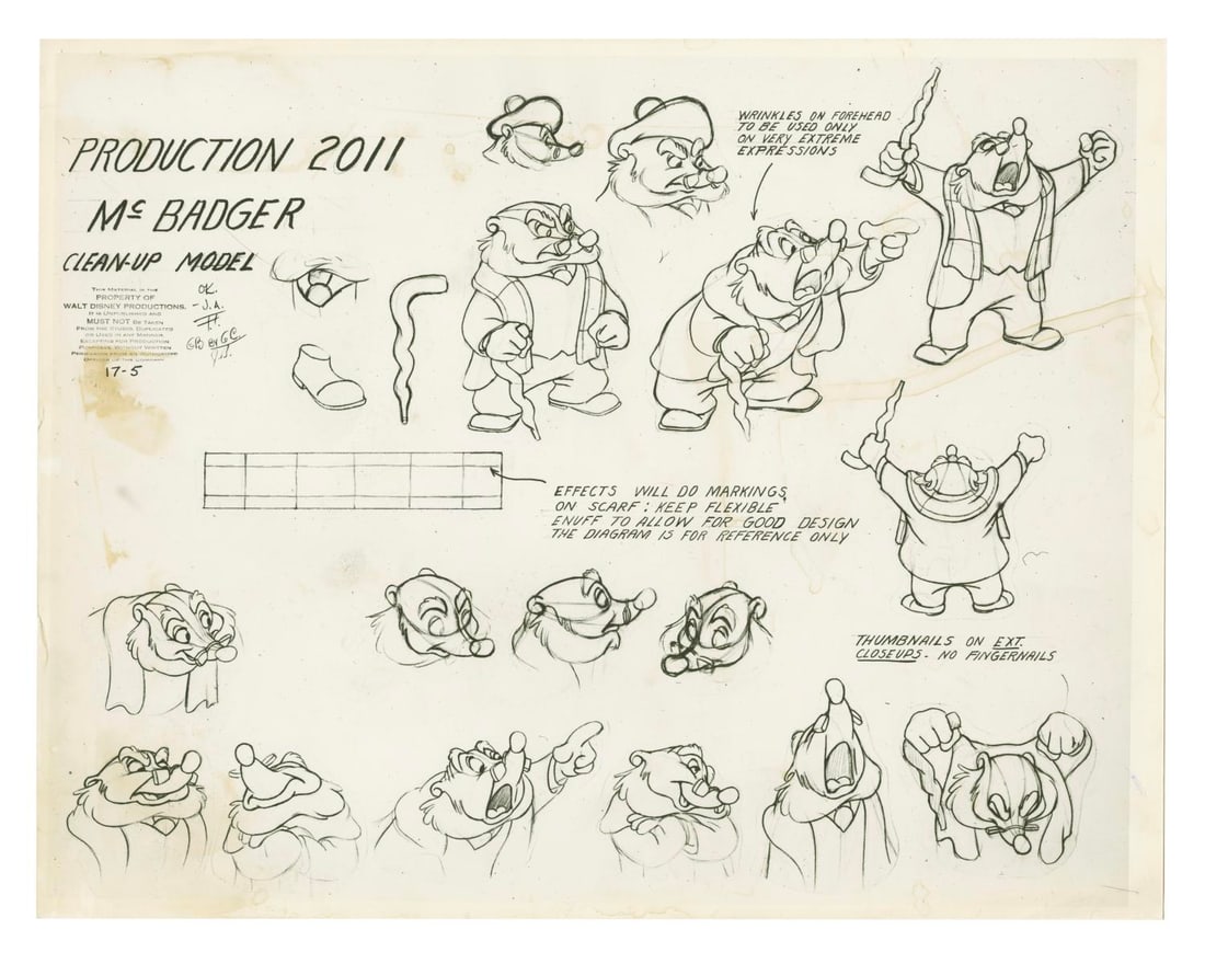 A "The Wind in the Willows" McBadger Model Sheet.: (Disney, 1949) A photostat model sheet of McBadger from "The Wind in the Willows" segment of "The Adventures of Ichabod and Mr. Toad." Model sheets such as these were distributed to animators and