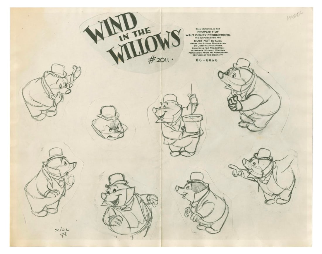 A "The Wind in the Willows" Moley Model Sheet.: (Disney, 1949) A photostat model sheet of Moley from "The Wind in the Willows" segment of "The Adventures of Ichabod and Mr. Toad." Model sheets such as these were distributed to animators and crew