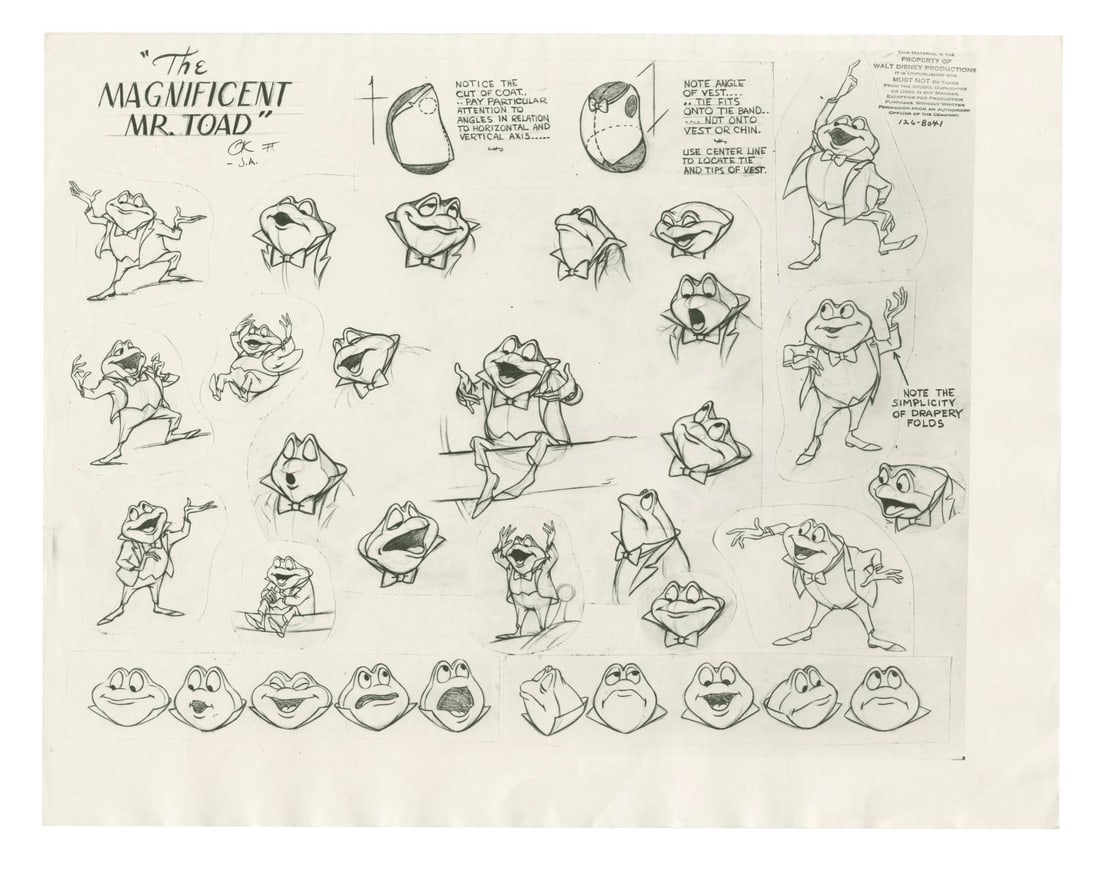 A "The Wind in the Willows" Mr. Toad Model Sheet.: (Disney, 1949) A photostat model sheet of Mr. Toad from "The Wind in the Willows" segment of "The Adventures of Ichabod and Mr. Toad." Model sheets such as these were distributed to animators and