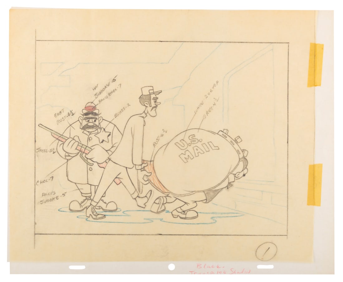 A "The Brave Engineer" Layout Drawing.: (Disney, 1950) An original layout drawing from the animated short "The Brave Engineer," based on the life of railroad engineer Casey Jones. The drawing has an image size of 7" x 9.5" on 9.5" x 11.5"