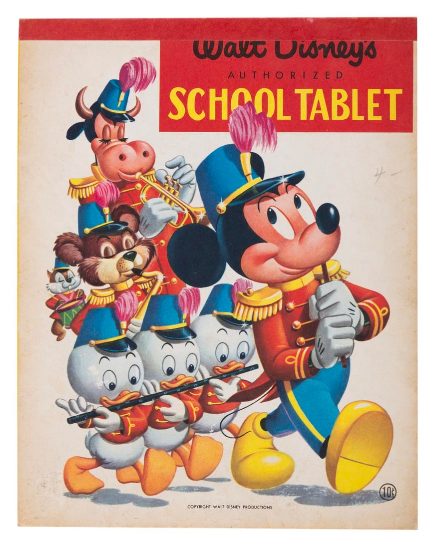 A 1950s Mickey Mouse School Tablet: (Disney, 1950s) A school tablet featuring Mickey and friends on the cover. Measuring 7.75" x 10", the unused tablet is in very good condition with a pencil mark on the cover, and typical wear from