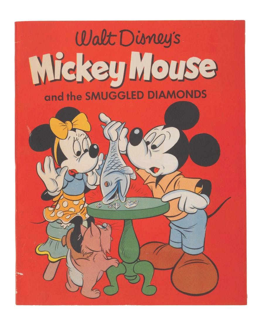 A 1950s British Mickey Mouse Comic Book.: (Juvenile Productions, 1950s) A London-published comic book of "Mickey Mouse and the Smuggled Diamonds." This story was published by Dell Comics in the USA in 1951. Measuring 8.25" x 10.25", the