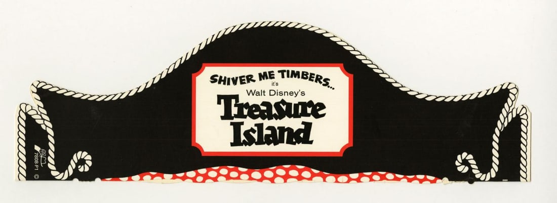A "Treasure Island" Cardboard Pirate Hat.: (Disney, 1970) A souvenir cardboard pirate hat promoting Walt Disney's live-action film "Treasure Island." Measuring 4.75" x 15", the hat is in very good condition with light handling smudges.