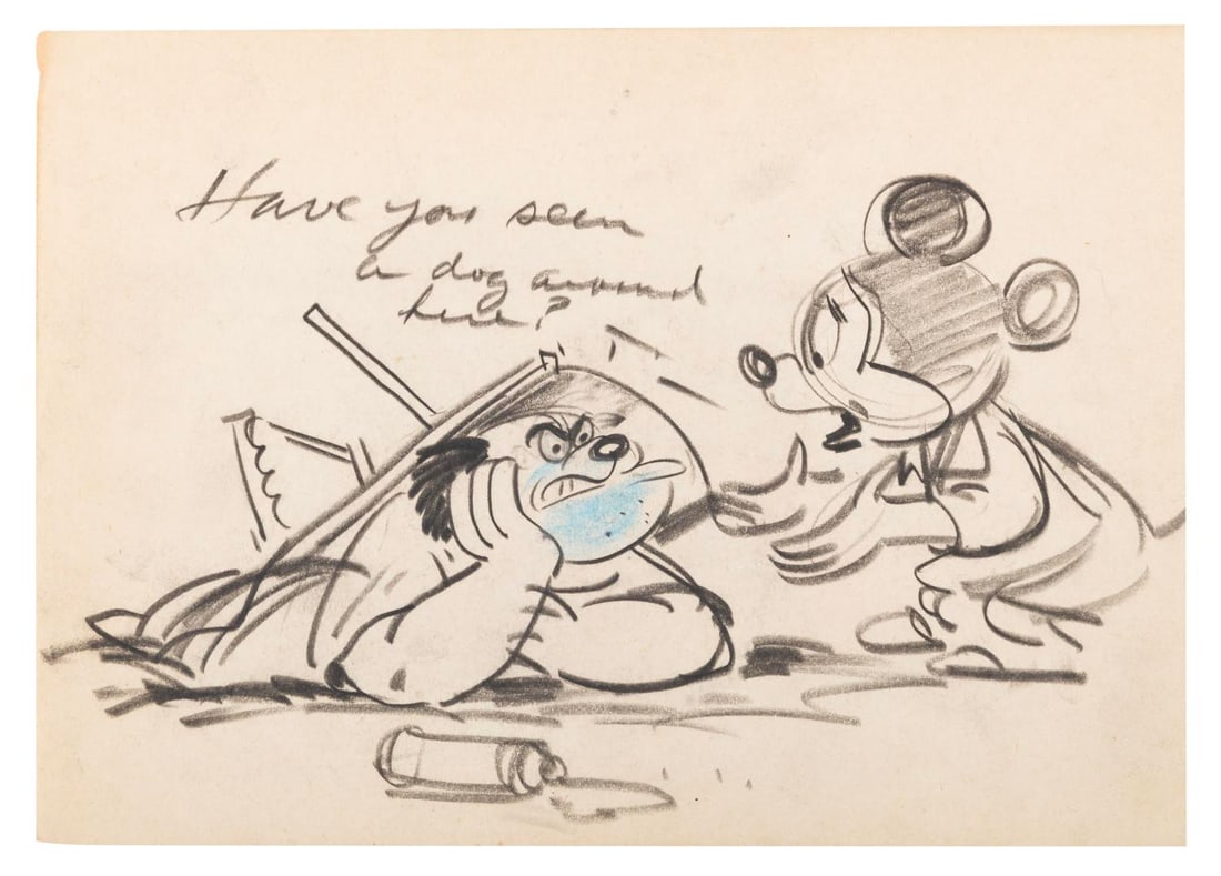 A 1950s Mickey Mouse Storyboard Panel.: (Disney, 1950s) A storyboard panel of Mickey Mouse from an unknown production. Measuring 6" x 8.25", the drawing accomplished in grease pencils and pastels is in very good production-used condition.