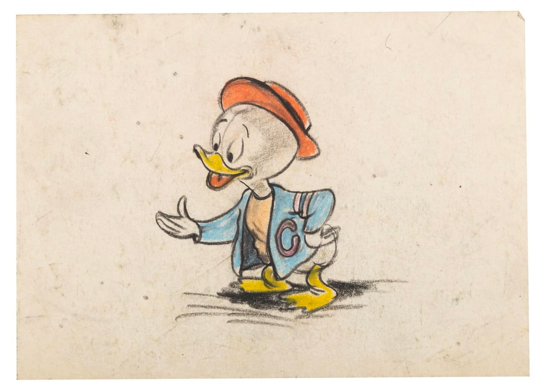 A "Lucky Number" Donald's Nephew Storyboard.: (Disney, 1951) A storyboard panel of one of Donald's nephews from the short "Lucky Number." Accomplished in grease pencil and pastels and measuring 6" x 8.25", the drawing is in very good
