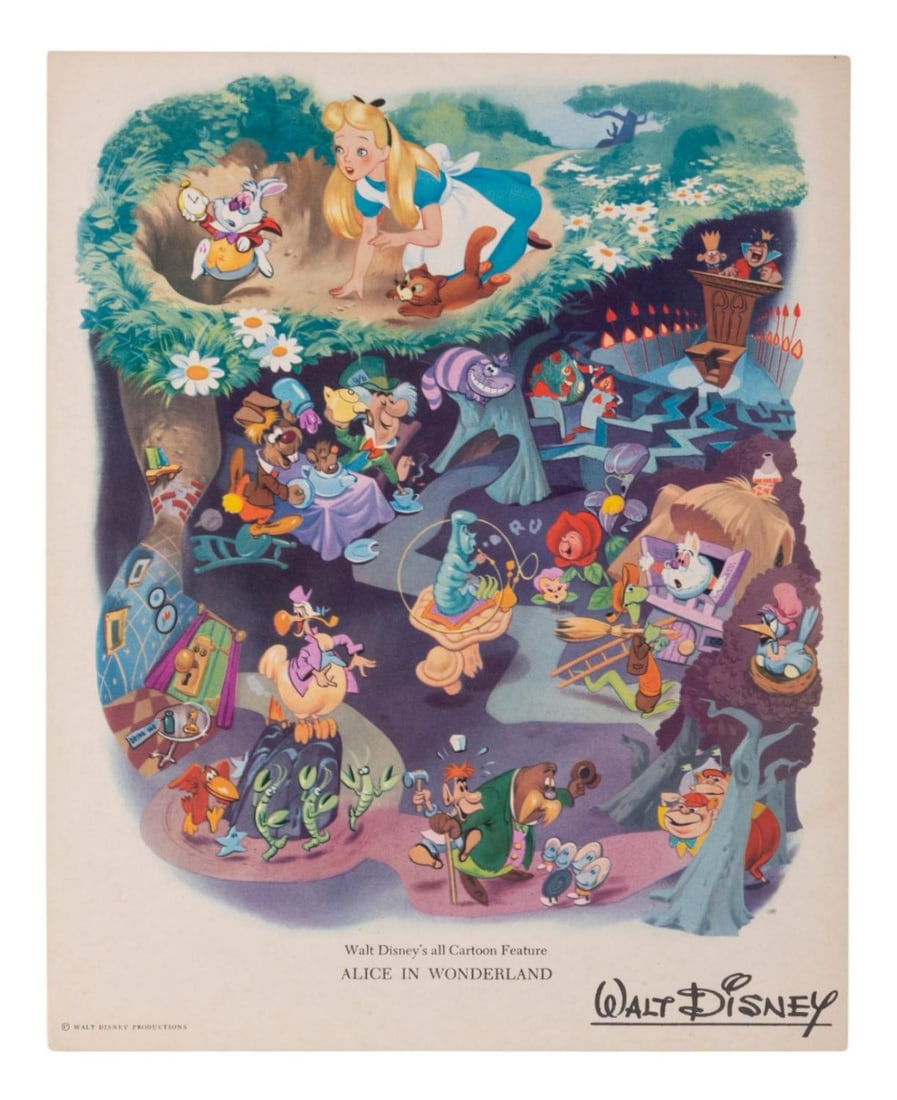 An "Alice in Wonderland" Fan Card.: (Disney, 1951) A fan card for "Alice in Wonderland." Cards like this one were mailed to fans who wrote to the Studio. Measuring 8.25" x 10", the card is in very good condition with light