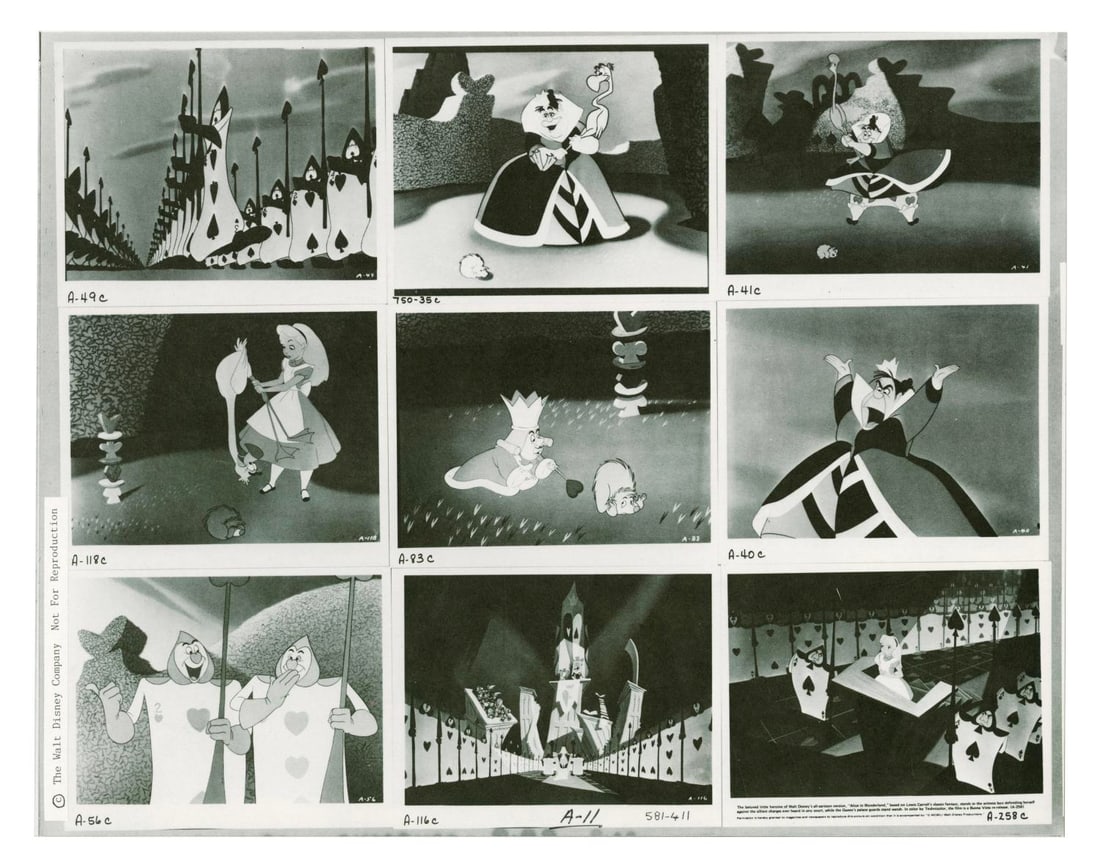 An "Alice in Wonderland" Reference Print.: (Disney, 1951) A photostat of 18 images from "Alice in Wonderland." The double-sided print outlines the croquet game and trial that end the film through publicity photos. The page was likely printed