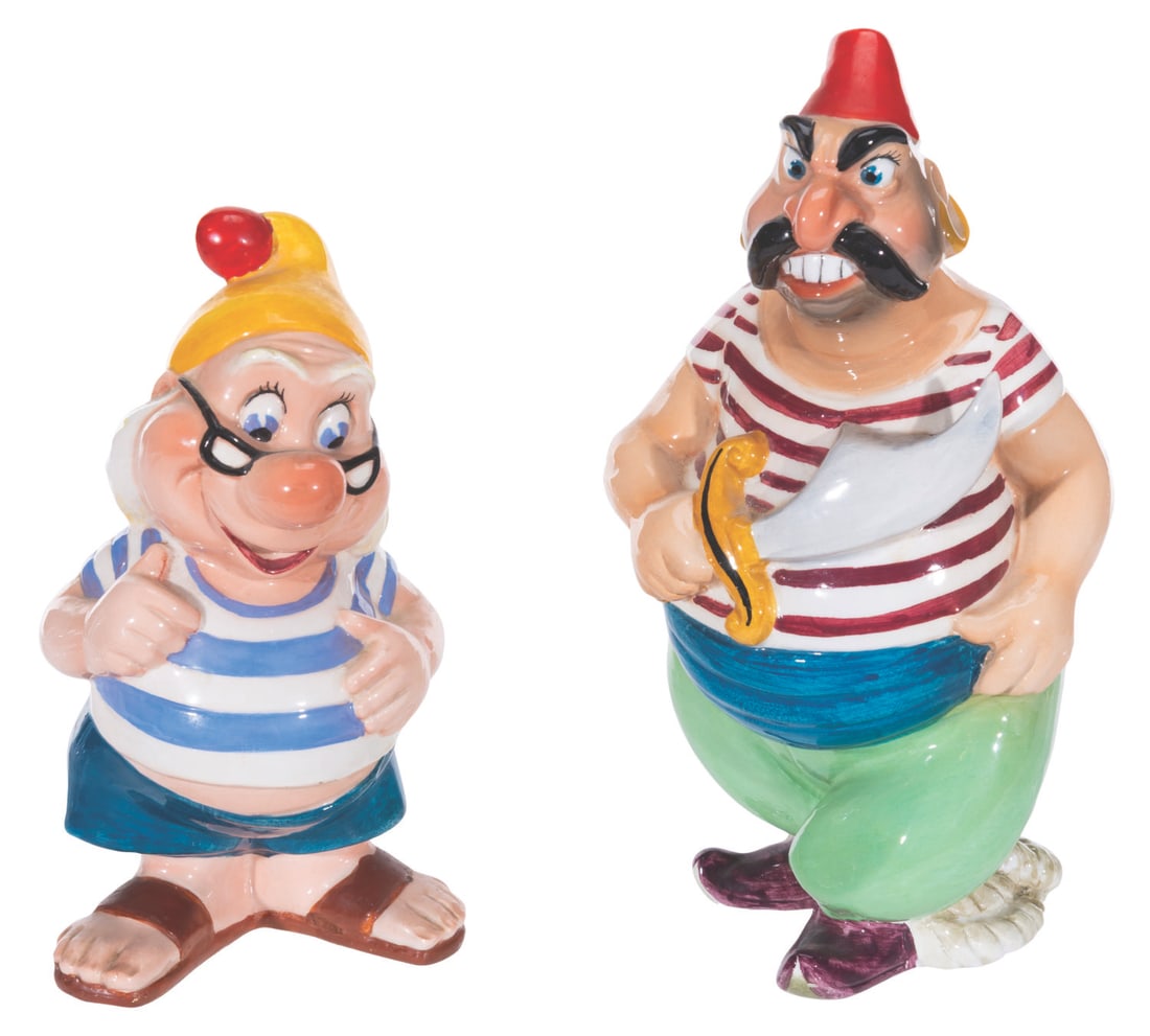 A Rare Pair of Mr. Smee and Pirate Figurines by Zaccagnini.: (Zaccagnini, 1950s) A pair of very rare ceramic figurines of Mr. Smee and a fellow pirate crewman from "Peter Pan," manufactured by Zaccagnini. Zaccagnini figures are praised for their stylistic