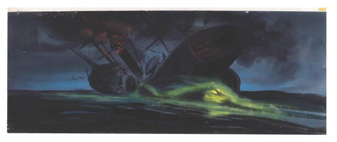 A "20,000 Leagues Under The Sea" Nautilus Concept Painting.: (Disney, 1954) A concept painting by Ralph Hammeras for "20,000 Leagues Under the Sea." The painting shows the Nautilus with a battleship it is attacking. A loose caption included describes the action