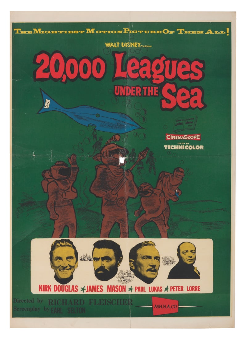 A Rare "20,000" Leagues Under the Sea" Poster.: (1950s-60s) A rare "20,000 Leagues Under the Sea" theatrical poster. Featuring an Ash N.A. Co. logo in the bottom right, this scarce poster was likely intended for a North American audience.