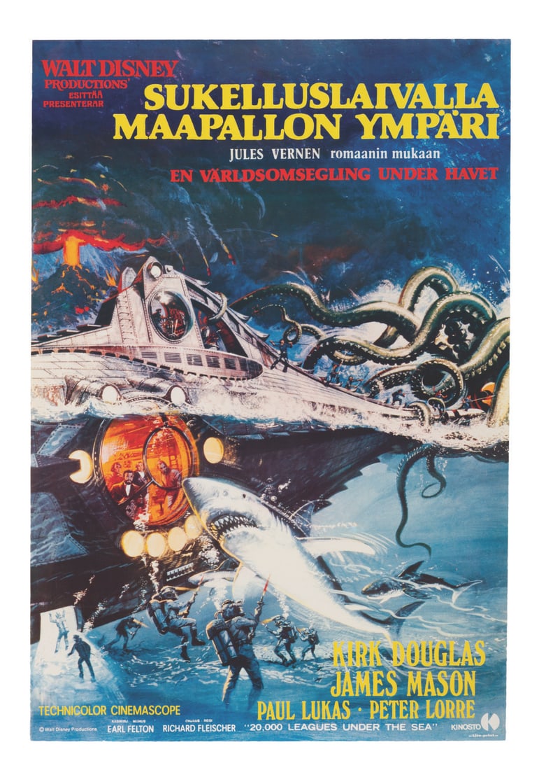 A "20,000 Leagues Under the Sea" Finnish Poster.: (Disney, 1976) A poster from the 1976 reissue of "20,000 Leagues Under the Sea" in Finland. Measuring 16" x 23.5", the poster is in very good condition with light handling wear.