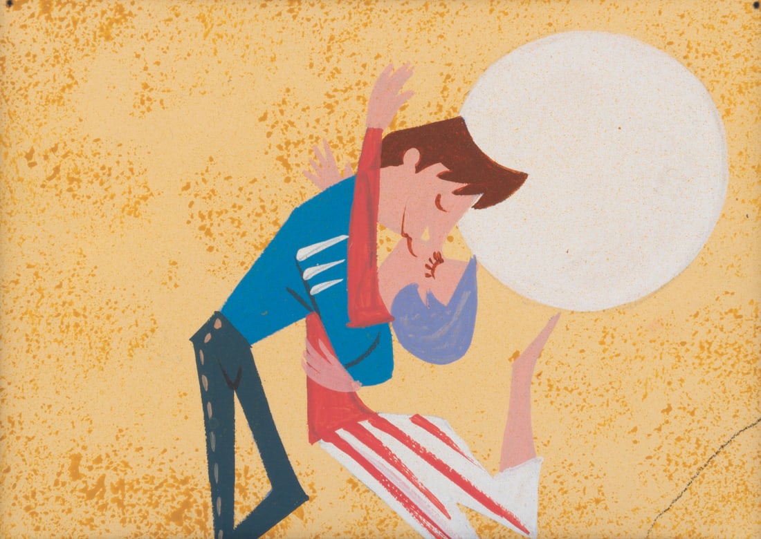 A "Man and the Moon" Ward Kimball Concept Painting.: (Disney, 1955) A framed concept painting by Ward Kimball from the "Disneyland" TV series episode "Man and the Moon." Accomplished in gouache on artist's board, the Disney Legend's art depicts a couple