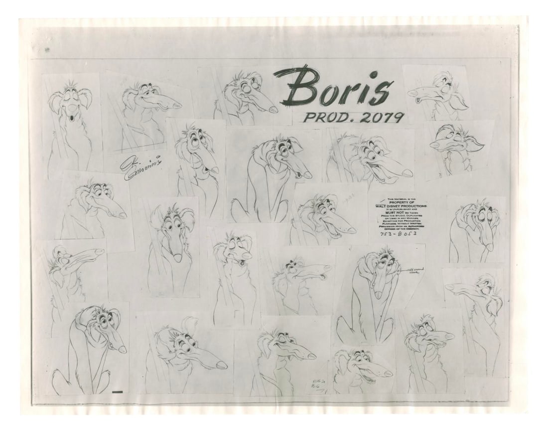 A "Lady and the Tramp" Boris Model Sheet.: (Disney, 1953) An original photostat model sheet of Boris from the feature film "Lady and the Tramp." Model sheets such as this were distributed to animators and crew working on the film to ensure