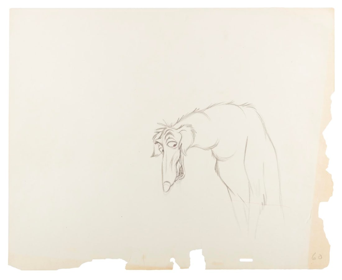 A "Lady and the Tramp" Boris Production Drawing.: (Disney, 1955) An original production drawing in pencil of Boris from the pound scene of "Lady and the Tramp." With an image size of 6.25" x 7.25" on 12.5" x 15.5" animation paper, the drawing is in f