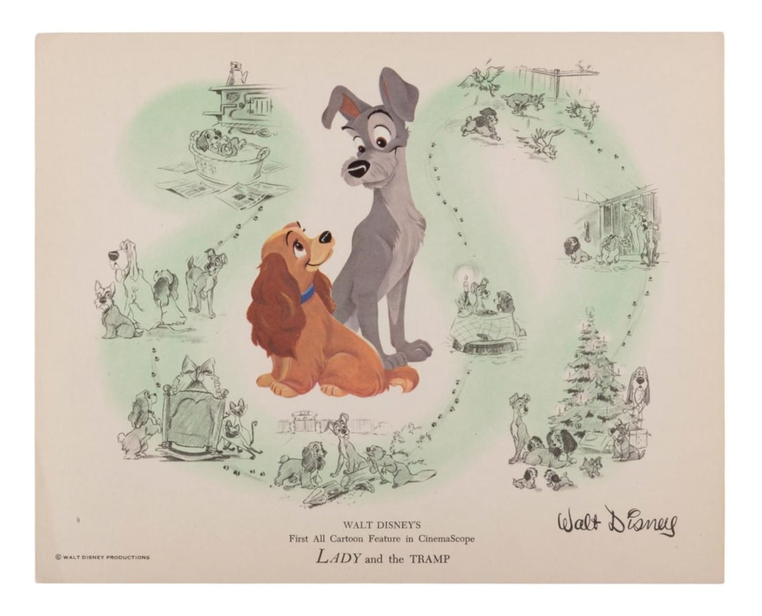 A "Lady and the Tramp" Studio Fan Card.: (Disney, 1955) A printed Studio fan card for Walt Disney's 1955 feature film, "Lady and the Tramp." Cards like this one were used for promotional purposes and mailed to fans who requested them.
