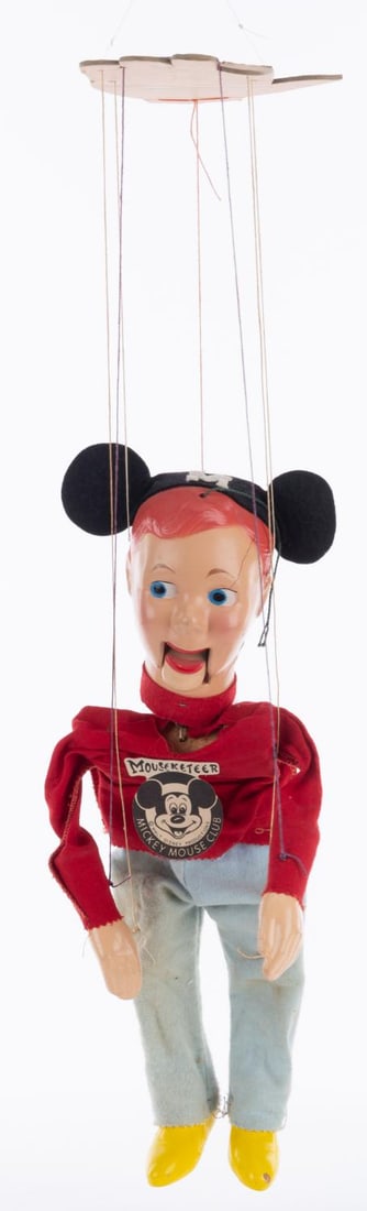 A 1950s Peter Puppet Mickey Mouse Club Boy Marionette.: (Peter Puppet Playthings, 1950s) An original "The Mickey Mouse Club" marionette of a young boy Mouseketeer. With a composition head, arms, and legs, and fabric clothing, the puppet has a movable