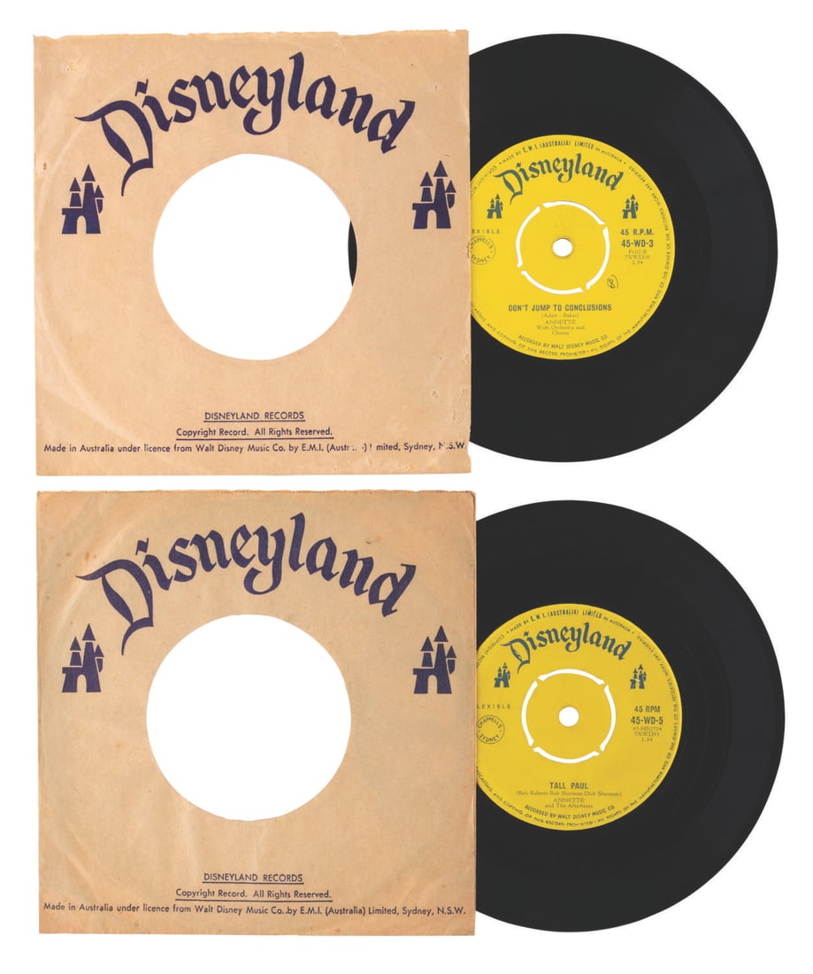 A Rare Pair of Annette Funicello Australian Records.: (Disney, 1958) A rare pair of Australian pressings of Mouseketeer Annette Funicello's "How Will I Know My Love/Don't Jump to Conclusions" and "Ma?He's Making Eyes at Me/Tall Paul," the latter the