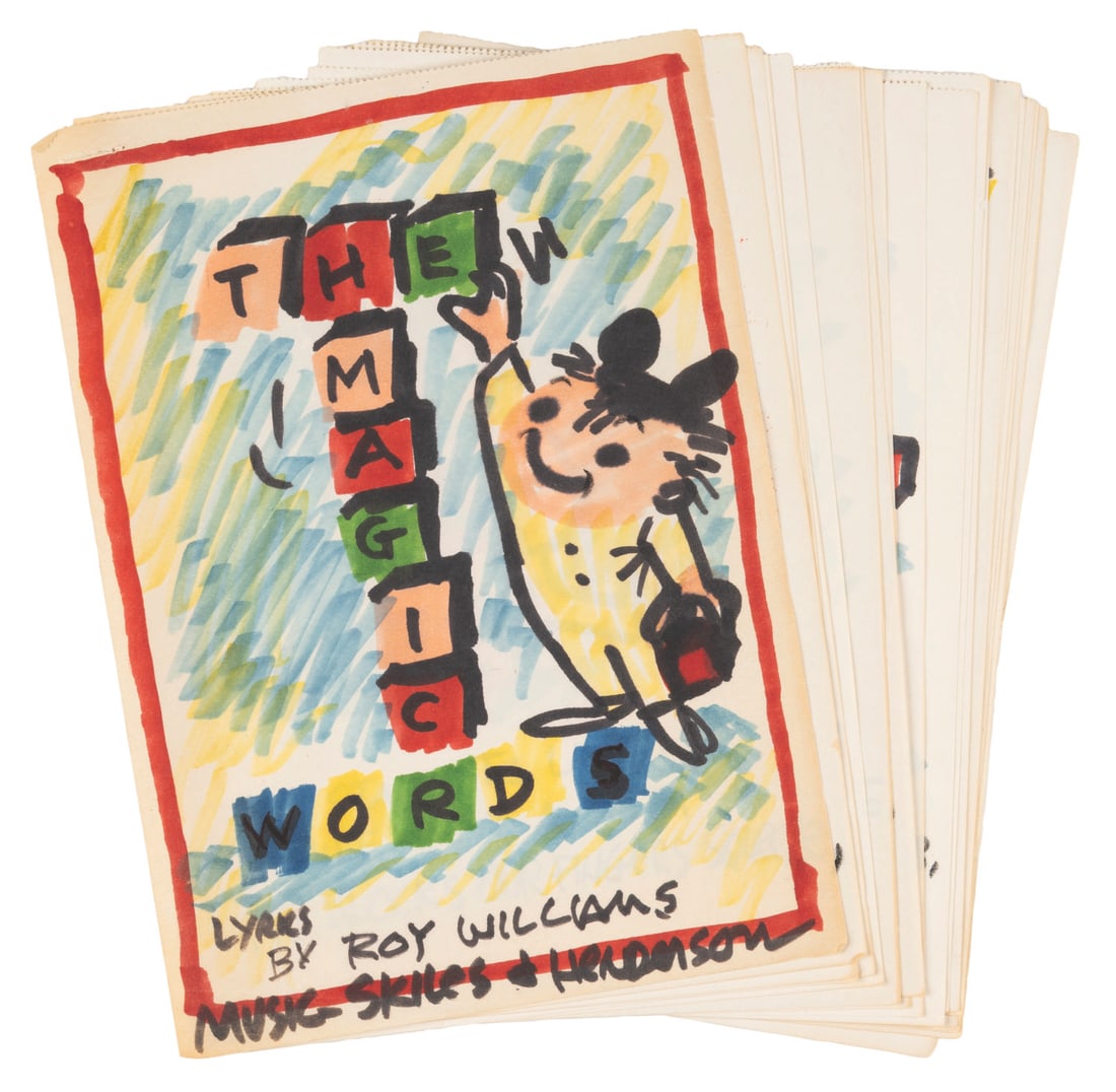 A Roy Williams Hand-Drawn "The Magic Words" Lyric Book.: (Roy Williams, 1960s-70s) A one-of-a-kind hand-drawn lyric book for "The Magic Words" by Mouseketeer "Big Roy" Williams. The charming rhyme book featuring a child wearing Mickey Mouse Ears is made up